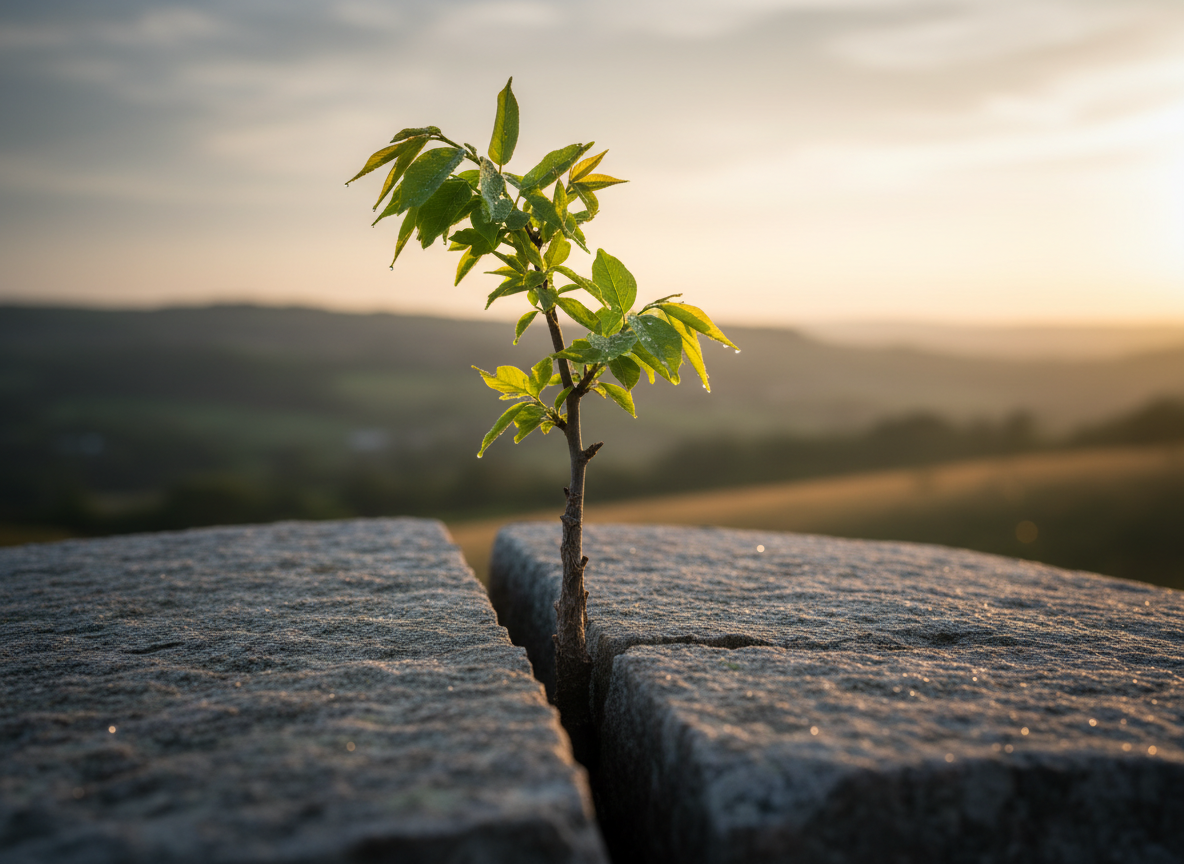 A symbolic still life of resilience: a single, young tree growing from the crack of a weathered stone surface, its slender trunk and bright green leaves sharply detailed. In the background, a softly blurred landscape transitions from shadow into warm, golden late-afternoon light, suggesting movement from hardship toward hope. Dew on the leaves catches the light, forming tiny highlights. Photographic realism, shot from a low angle that elevates the tree against a soft sky, with the composition using the rule of thirds to emphasize upward growth. The mood is quietly powerful and inspiring, subtly echoing themes of survival, memory, and renewal without any dark or graphic elements.