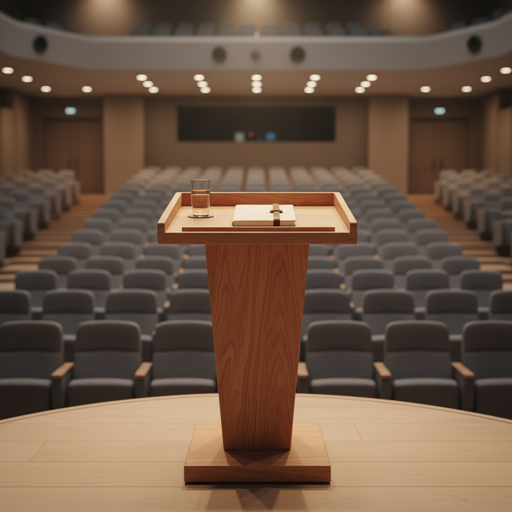 A simple, elegant wooden lectern on a small, raised stage in a modern auditorium, its surface smooth and warmly toned, with a single glass of water and a closed, unbranded manuscript on top. Rows of empty, soft-gray upholstered seats stretch into a gently blurred background, suggesting an inclusive space ready for an audience. Overhead, diffused stage lighting casts a warm, even glow on the lectern, creating soft, reassuring shadows. Shot in photographic realism from a slightly low, centered angle, the composition emphasizes the lectern as a symbol of voice and resilience, evoking quiet anticipation, professionalism, and a message of hope without any sensational elements.
