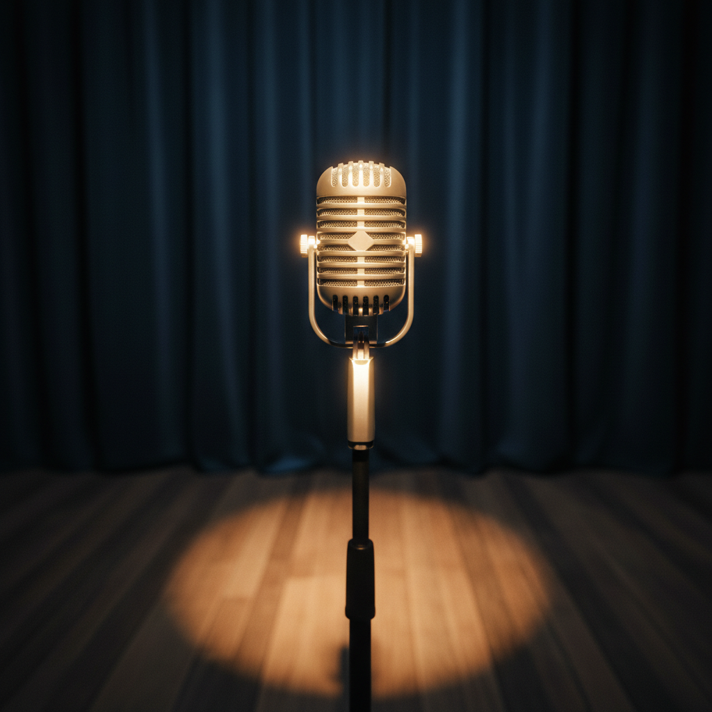 A close-up of a vintage-style microphone on a slim black stand, its metal grille finely textured and reflecting subtle highlights, positioned center stage against a backdrop of softly draped dark-blue curtains. A warm spotlight from above and slightly to the side creates a gentle halo on the microphone and a soft pool of light on the stage floor, fading into darkness at the edges. Photographic realism, captured from a slightly low, cinematic angle with shallow depth of field, leaving the curtains softly blurred. The atmosphere feels intimate yet professional, suggesting a thoughtful speaking engagement where stories of courage and hope are shared with care and respect.