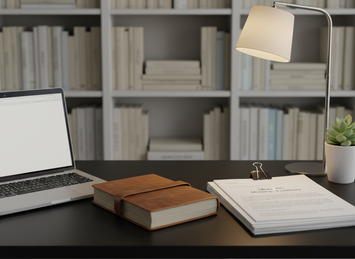 A minimalist writer’s workspace featuring a slim, silver laptop partially open on a matte black desk, next to an unbranded, leather-bound journal and a stack of neatly arranged printed pages clipped together. A small desk lamp with a fabric shade casts warm, focused light across the papers, creating gentle gradients of shadow and light. The background fades into a softly blurred bookshelf filled with neutral-toned spines and a single green plant. Photographic realism, captured at eye level with a moderate depth of field, conveys a disciplined, professional environment where ideas about memory, courage, and resilience are shaped into speeches and books, with a calm, organized, and accessible atmosphere.