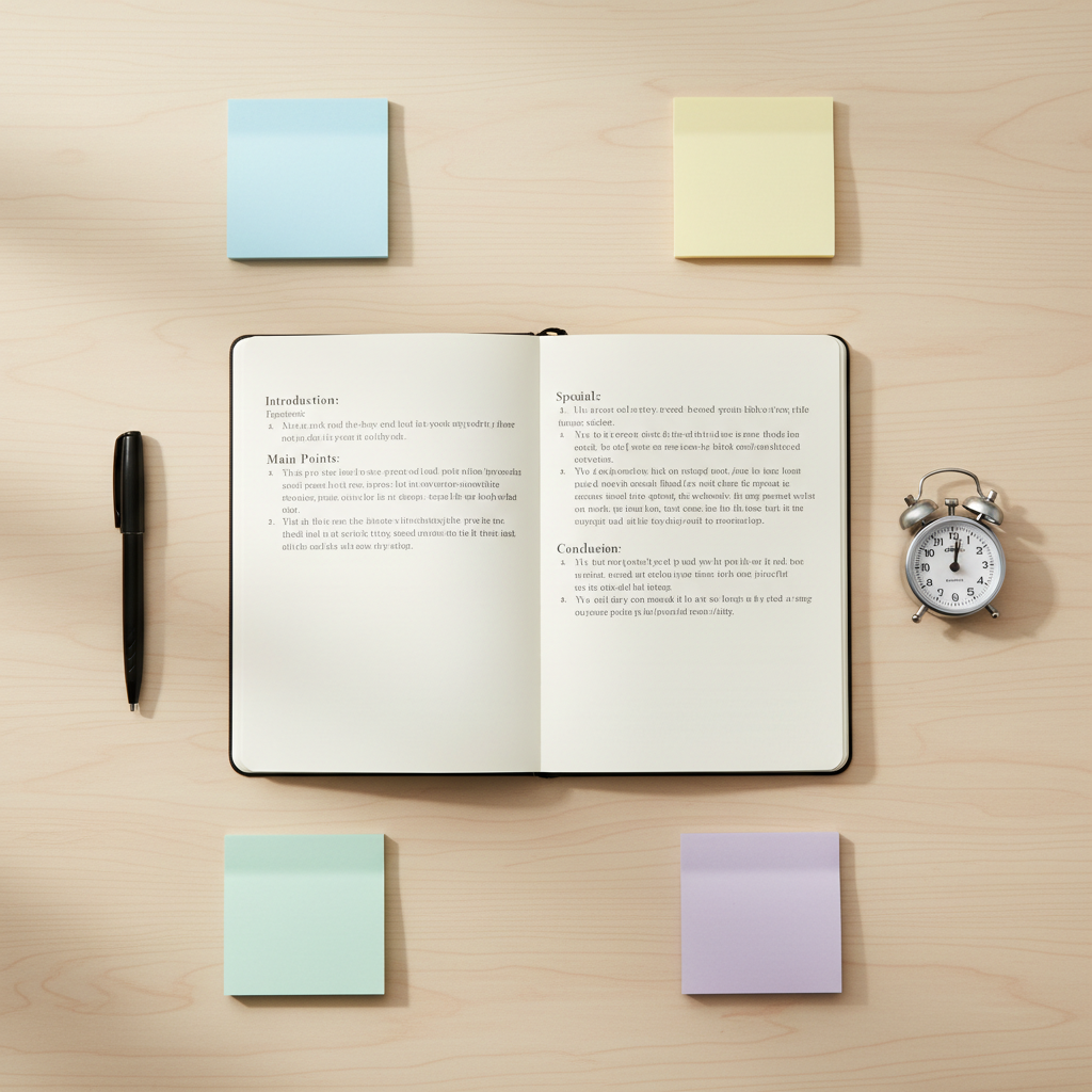 An overhead photographic view of a large, unbranded notebook spread open on a pale birch table, its pages filled with neatly organized headings and bullet points, suggesting a carefully structured speech. Several pastel-colored sticky notes, each blank but distinct, are placed around the notebook, along with a simple black pen and a small analog timer. Soft, natural daylight from an unseen window creates clear, readable contrast and avoids harsh shadows, ensuring a clean, accessible feel. The composition is tidy and balanced, evoking clarity, preparation, and intentionality in public speaking, with a professional, hopeful mood that emphasizes constructive storytelling and audience care.
