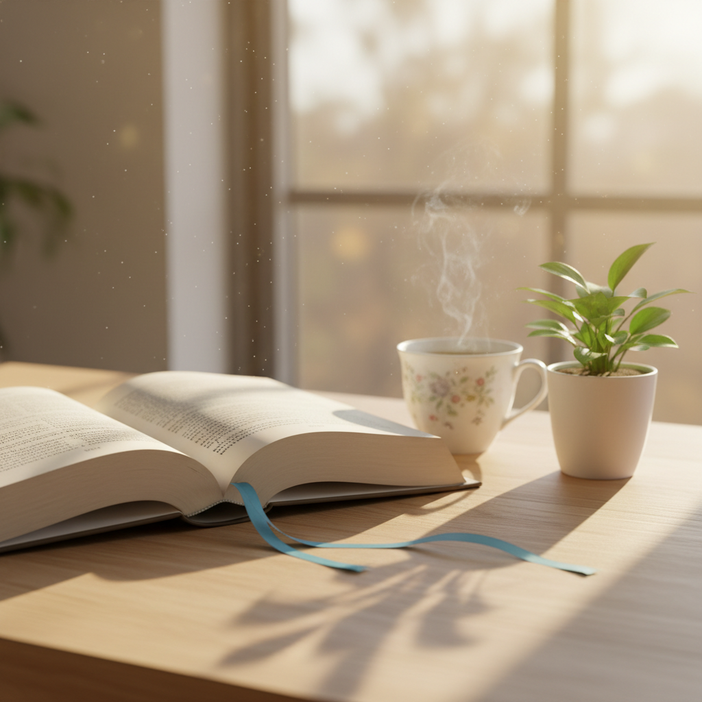An open hardcover book lying on a light oak table, its cream pages filled with neat, unidentifiable printed text, with a thin, sky-blue ribbon bookmark trailing across the surface. Beside it, a small, potted green plant with fresh leaves and a ceramic mug of herbal tea send a subtle hint of comfort. In the background, a large, softly blurred window lets in diffused afternoon light, illuminating floating dust motes. Photographic realism, shot from a slightly elevated angle using the rule of thirds, giving the book prominence while maintaining air and space. The mood is gentle, contemplative, and hopeful, suggesting healing through storytelling and reflection without referencing trauma directly.