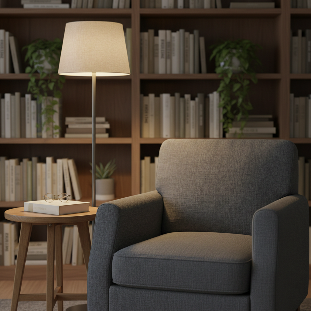 A thoughtfully arranged reading corner with a plush, charcoal-gray armchair facing a small round wooden side table holding a closed, unbranded book and a pair of simple reading glasses. A tall floor lamp with a linen shade casts soft, warm light that pools around the chair, leaving the rest of the room gently dim. Behind, a bookcase with orderly rows of neutral-colored spines and a few green plants fades into a gentle blur. Photographic realism, shot at eye level with a welcoming, open composition. The mood is calm, inviting, and safe, ideal for intimate author events or quiet reflection on stories of healing and memory.